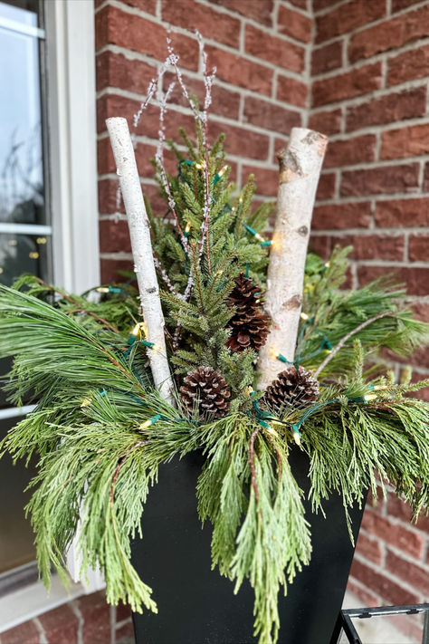 Get 6 simple steps to create your very own DIY winter holiday front porch containers on the blog. Porch Pots Christmas, Winter Porch Pots, Holiday Front Porch, Winter Pots, Winter Containers, Porch Pots, Winter Front Porch, Porch Diy, Pots Diy