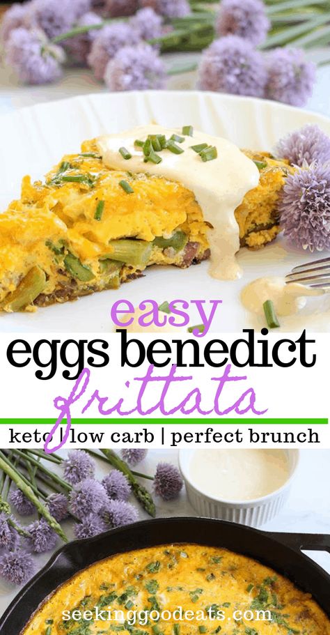 Easy eggs benedict! This keto eggs benedict frittata recipe is the easiest you will ever make – and tastes better too! It makes an easy brunch or Mother’s Day Recipe that serves a crowd, and is perfect for leftovers or make ahead meals. Eggs benedict casserole with a mock hollandaise sauce is a recipe that anyone can make! #brunch #mothersday #easter #keto #lowcarb #eggs #seekinggoodeats #easyrecipe #healthyrecipe