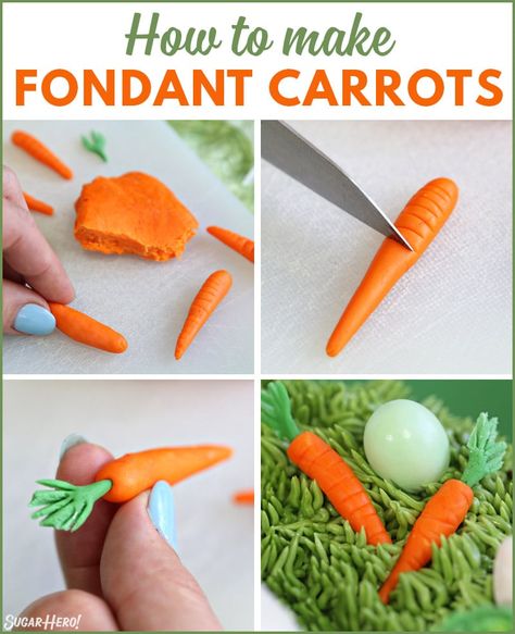 How to Make Fondant Carrots - make cute, edible candy carrots out of fondant. Use them to decorate cakes and cupcakes! | From SugarHero.com Carrot Cake Topper, Fondant Carrots How To Make, Bunny Carrot Cake, Easter Fondant Cakes, Fondant Easter Decorations, Carrot Cake Easter Decoration, Elegant Easter Cake, Easter Carrot Cake Ideas, Decorated Carrot Cake Birthday