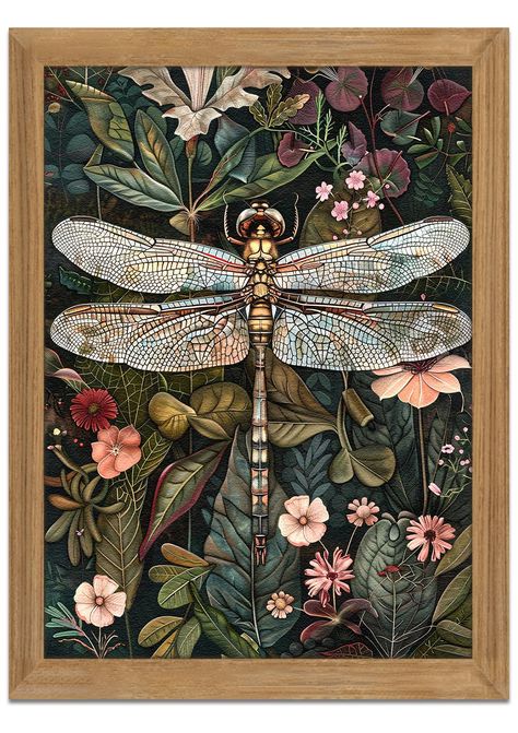 PRICES MAY VARY. 【Classic Vintage Wall Art】This mural combines classic vintage style with exquisite dragonfly and floral patterns to create a unique vintage atmosphere, adding elegance and natural atmosphere to your home. Perfect for decorating your bedroom, office, living room or study 【3D Textured Painting】Each painting is painted with 3D texture, and the delicate texture and realistic details make the pattern more vivid, adding depth and three-dimensionality to your wall. Whether you are look Art Nouveau Print, Dragonfly Art Nouveau, Beautiful Dragonfly, Metal Signage, Art Nouveau Flowers, Watermark Logo, William Morris Art, Dragonfly Art, Flowers Wall