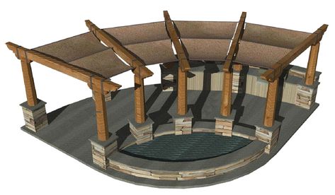 This is rendering off the amphitheater pergola. I want one on each side with the fire pit/for place in the center. This big structure will be further back from the bluff and have the cob/papercrete walls that finish off the gazebo area so it will feel like a court yard Custom Pergola, Green Roof Garden, Pergola Ideas For Patio, Curved Pergola, Small Pergola, Pergola Ideas, Building A Pergola, Metal Pergola, Wood Pergola