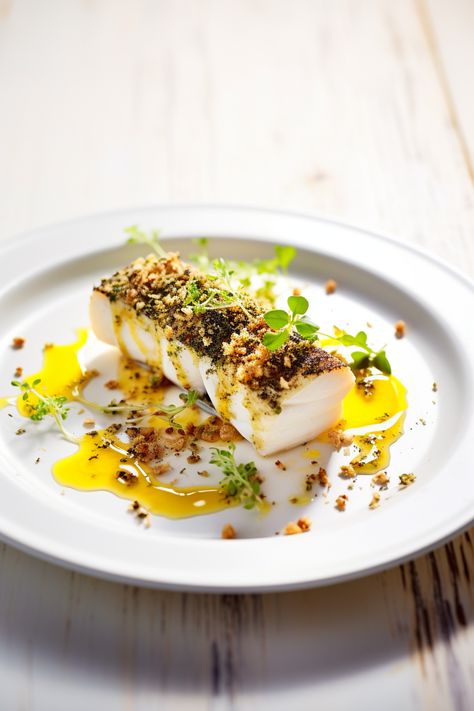 "Experience the Fresh Flavours: Baked Cod with a Crust of Herbs and Lemon Zest Recipe" Half Baked Harvest Fish, Fine Cuisine Recipes, Fine Dining Fish Recipes, Best Cod Fish Recipes, Seafood Fine Dining, Cod Dinner, Crusted Cod, Food Presentation Plates, Seafood Entrees