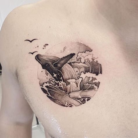 Beach Inspired Tattoos, Beach Tattoo Ideas, Small Wolf Tattoo, Sky Tattoos, Whale Tattoo, Engraving Tattoo, Sea Tattoo, Circle Tattoos, Whale Tattoos