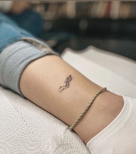 Small Diver Tattoo, Tattoos For Scuba Divers, Simple Scuba Diver Tattoo, Small Scuba Tattoo, Scuba Diver Tattoo Minimalist, Scuba Diver Tattoo For Women, Diving Tattoos For Men, Scuba Diver Tattoo Ideas, Scuba Tattoo Ideas