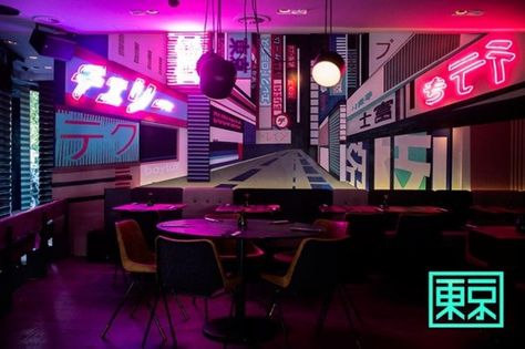 Tokio Budapest bar and sushi restaurant on Behance Cyberpunk Restaurant, 80s Interior Design, Japanese Bar, 80s Interior, Neon Noir, Cafe Concept, Retro Cafe, Sushi Restaurant, Image Film