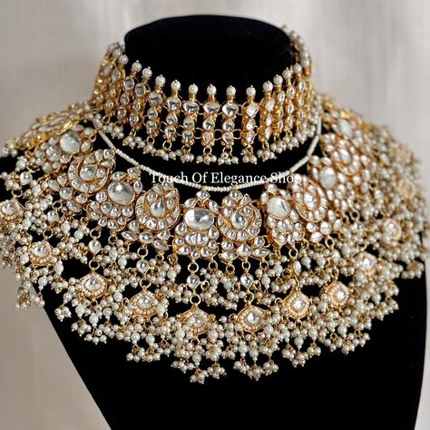 A beautiful bridal set named after our bride Kamal. This gorgeous 4-piece set comes with a choker, necklace, jhumki earrings, and a tikka. We have been loving the stacked necklace look this wedding season ⚜️ Message Touch Of Elegance to bring your vision to life ⚜️ #bridaljewellery #torontobrides #indianbridaljewellery #punjabiwedding #pakistanijewellery #pachikundan Bridal Jewelry Sets Brides, Wedding Jewelry Sets Bridal Jewellery, Bride Jewelry Set, Indian Bridal Jewellery, Bridal Choker, Kali Goddess, Wedding Decor Style, Jhumki Earrings, Punjabi Wedding