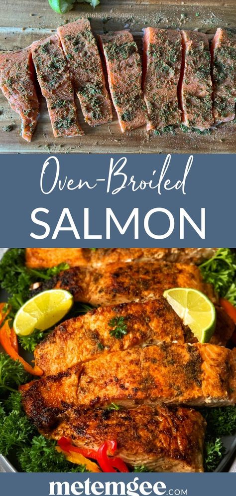 This oven broiled salmon dish is so easy to make it will become a favorite on your weekly dinner menu whether you are on a round of whole30 or not. I love to buy a big piece of salmon filet, season it up and broil it. It is the perfect protein for most dishes but goes really well with metemgee or dry food. Salmon Filet Recipes, How To Broil Salmon, Whole Salmon Filet, Salmon On The Stove, Filet Recipes, Guyanese Recipes, Weekly Dinner Menu, Flaked Salmon, Broiled Salmon