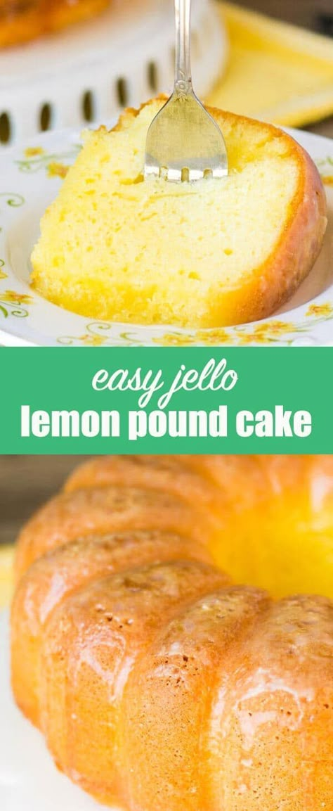 Moist Lemon Pound Cake couldn't be easier! Lemon jello and a lemon glaze gives this semi-homemade bundt cake an amazing flavor. Lemon Pound Cake with Lemon Glaze {Easy Recipe made with Jello} via @thebestcakerecipes Lemon Pound Cake From Cake Mix Boxes, Semi Homemade Cake, Pound Cake With Glaze, Moist Lemon Pound Cake, Pond Cake, Cake Easy Recipe, Homemade Pound Cake, Cake Mix Recipe, Cake Recipe Easy