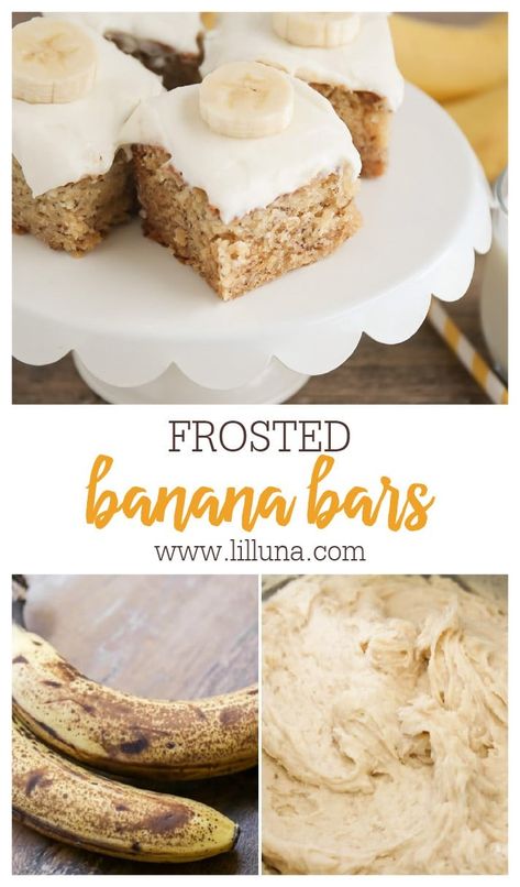 If you like bananas, you'll LOVE these frosted Banana Bars. Tender, delicious, and perfect for a crowd, they're irresistible! #bananarecipes #bananabars #bananabread #dessert #banana Frosted Banana Bars, Dessert Banana, Banana Bread Bars, Sour Cream Frosting, Cream Cheese Frosting Easy, Healthy Treats Recipes, Banana Bars, Sweet Treats Desserts, Birthday Desserts