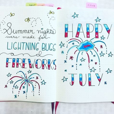 Add a layout to your bullet journal for the 4th of July - creative drawing. Pretty bullet journal layout July Bullet Journal, Bullet Journal Month, Bullet Journal Cover Page, Bullet Journal Notebook, Dot Journals, Bullet Journal Themes, Bullet Journal Writing, Journal Themes, Bullet Journal Spread