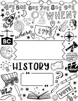 Social Studies Doodle Sheets and Binder Covers for US. #Social_Studies_Coloring_Pages #Social_Science_Doodle #Social_Studies_Cover_Page_Aesthetic #Social_Project_Design Social Science Doodle, History Written In Calligraphy, Social Studies Coloring Pages, History Doodles Art, Social Project Design, Social Studies Binder Cover, History Page Design, Social Studies Notebook Cover, History Assignment Cover Page