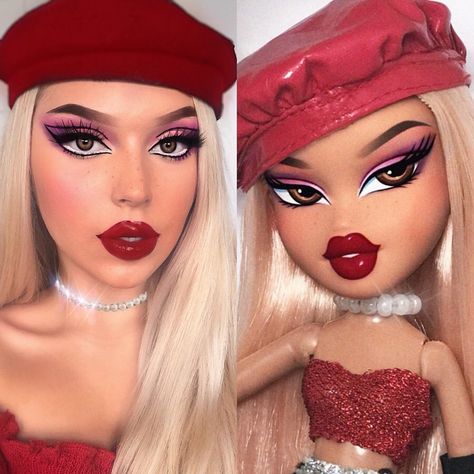 Influencers are doing their makeup like Bratz dolls for the Instagram #BratzChallenge, and you gotta see this! Bratz Doll Halloween Costume, Bratz Doll Makeup, Halloween Make-up Looks, Black Bratz Doll, Bratz Doll Outfits, Brat Doll, Doll Halloween Costume, Bratz Girls, Barbie Makeup