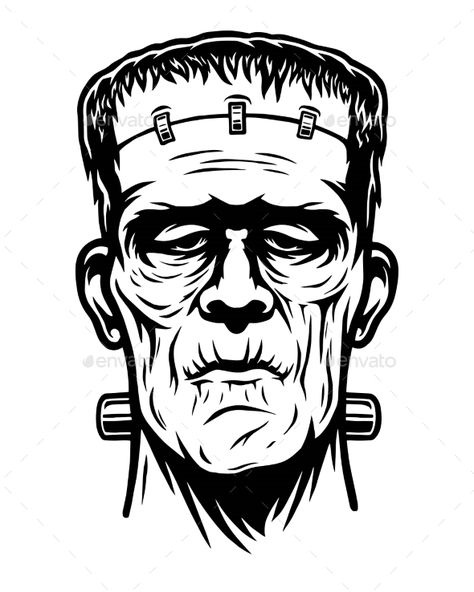 Monochrome illustration of Frankenstein head. Isolated on white background. Halloween theme Face Svg Free, Frankenstein Svg, Frankenstein Face, Frankenstein Art, Zombie Head, Monochrome Illustration, Arte Punk, Cricut Halloween, Frankenstein's Monster