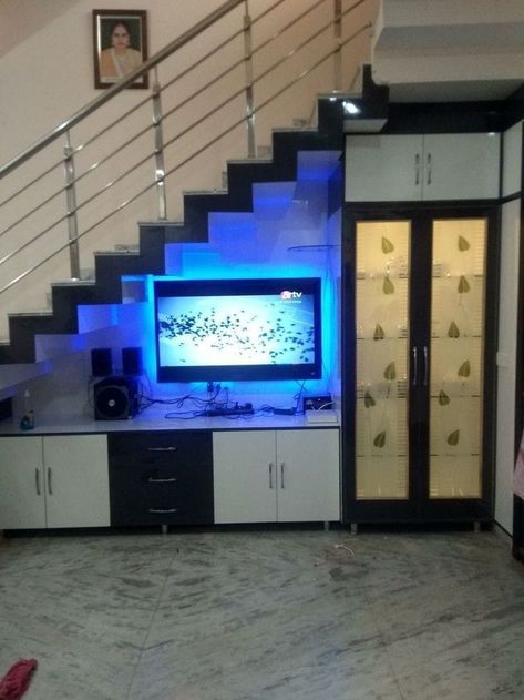 Pooja Room Design Under Staircase, Tv Stand Under Staircase, Pooja Unit Under Staircase, Pooja Room Under Staircase, Tv Unit Below Staircase, Design Under Stairs Ideas, Stairs Tv Unit, Under Stairs Tv Unit, Upstairs Design