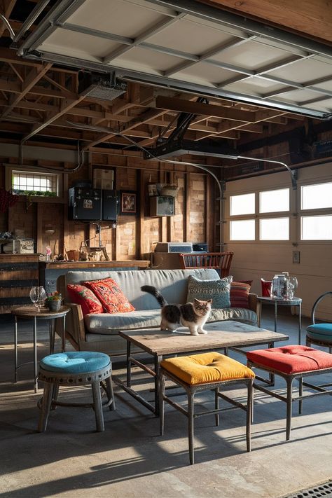 Turn your garage into the ultimate chill spot! Rustic vibes + modern comfort = perfect hangout. 🛠️🍻 Check out our 2024 ideas! #homedesigninsider #rusticgarageideas Finished Detached Garage Interior, Garage Hangout Ideas Diy, Garage Ideas Exterior, Garage Chill Space, Rustic Garage Ideas, Garage Home Ideas, Garage Hangout Ideas, Garage Man Cave Ideas, Garage Lounge