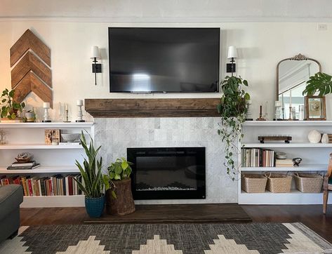 White Fireplace With Shelves On Side, White Fireplace Living Room Decor, White Brick Wall With Shelves, What To Do On Either Side Of Fireplace, Sideboard Beside Fireplace, Fireplace With Sideboards On Each Side, Shelving Beside Fireplace Ideas, Modern Country Fireplace, Cabinets On Either Side Of Fireplace