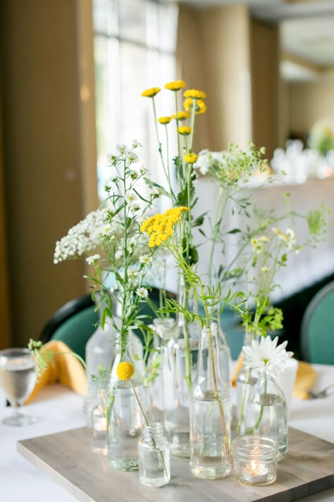 Navy Yellow Wedding, Daisy Centerpieces, Daisy Party, Daisy Wedding, Yellow Daisy, Botanic Gardens, Vintage Bottle, Yellow Wedding, Wildflower Wedding