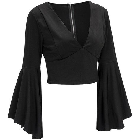 Zippered Fitted Flare Sleeve Crop Top Black ($22) ❤ liked on Polyvore featuring tops, bell sleeve tops, flared sleeve crop top, zip top, crop top and cut-out crop tops Bell Sleeve Tops, Flared Sleeves Top, Top Crop, Fashion Design Clothes, Black Crop Tops, Fashion Sewing, Bell Sleeve, Classy Outfits, Aesthetic Clothes