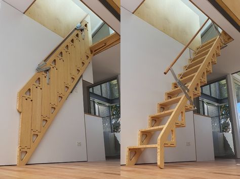 Wooden Retractable stair Bcompact Hybrid Stair By Bcompact Tiny House Stairs Ideas, Scale Loft, Folding Staircase, Foldable Stairs, Retractable Stairs, Retractable Ladder, Space Saving Staircase, Folding Stairs, Tiny House Stairs