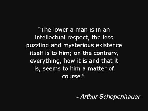 “The lower a man is in an intellectual respect, the less puzzling and mysterious existence itself is to him; on the contrary, everything, how it is and that it is, seems to him a matter of course.” Arthur Schopenhauer Schopenhauer Quotes, Arthur Schopenhauer Quotes, Arthur Schopenhauer, Literary Quotes, Philosophers, Of Course, A Man, Matter, Cards Against Humanity