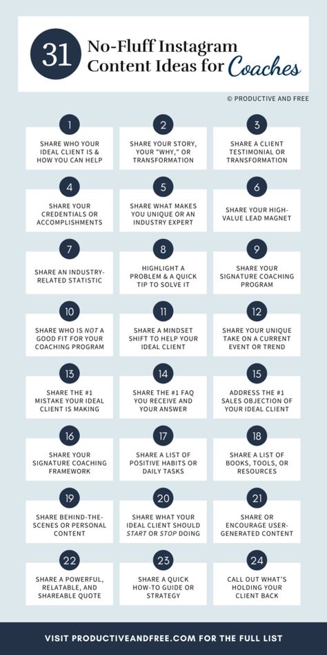 31 No-Fluff Instagram Content Ideas for Coaches — Productive and Free Instagram Content Ideas, Life Coaching Business, Coach Instagram, Social Media Marketing Instagram, Instagram Marketing Strategy, Social Media Content Calendar, Social Media Marketing Plan, Social Media Planning, Social Media Marketing Content