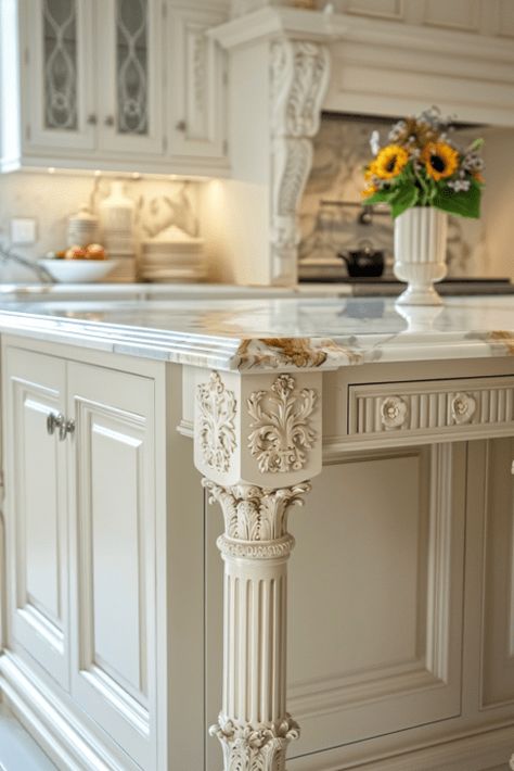 How to Choose the Perfect Kitchen Island: 49  Inspiring Ideas Castle Inspired Kitchen, Trim On Kitchen Island, Center Island Ideas, Rococo Kitchen, Oval Kitchen Island, Beautiful Kitchen Islands, Kitchen Molding, French Chateau Kitchen, Classic French Kitchen