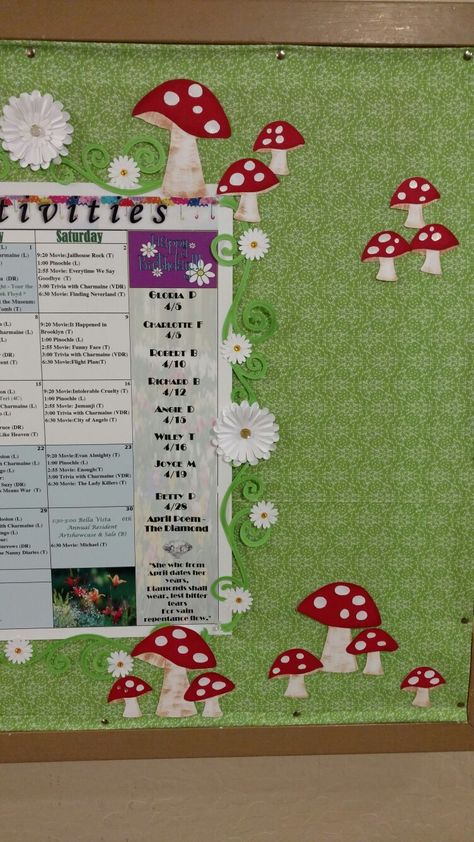 Woodland bulletin board. Gnomes, mushrooms, flowers, cricut cartridge Cottagecore Bulletin Board, Mushroom Bulletin Board Ideas, Fairy Forest Classroom Theme, Magical Forest Classroom Theme, Woodsy Classroom Decor, Enchanted Forest Classroom Theme Bulletin Boards, Mushroom Classroom Decor, Mushroom Classroom Decoration, Mushroom Bulletin Board