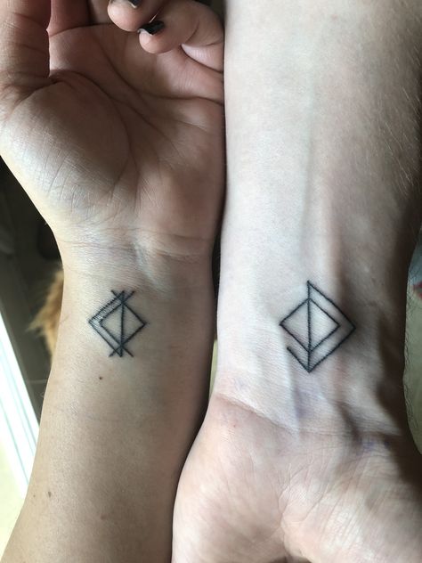 Love Runes. Love for man, love for woman. #loverunes #couplestattoo #coupletattoo #norse Norse Couples Tattoo, Pagan Couple Tattoos, Love Rune Tattoo, Love Bind Rune, Runes Love, Love Runes, Love Rune, Feather Tattoo For Men, Norse Wedding