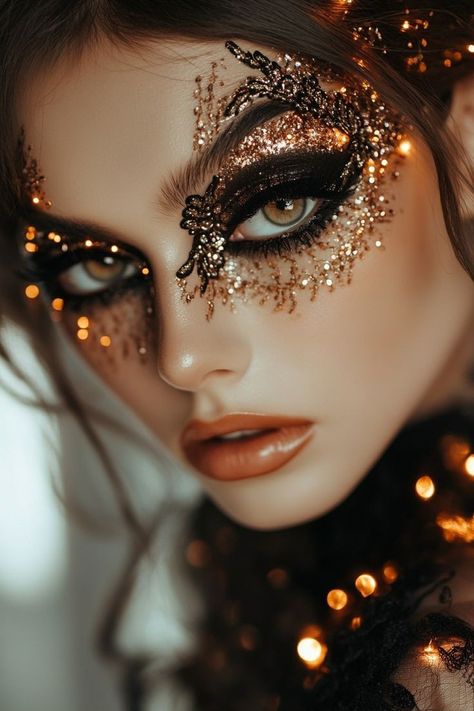 Witchy Makeup Halloween, Eye Makeup Drawing, Halloween Makeuo, Lip Plumpers That Work, Dark Angel Makeup, Masquerade Mask Makeup, Glitter Photoshoot, Glitter Halloween Makeup, Halloween Hunt