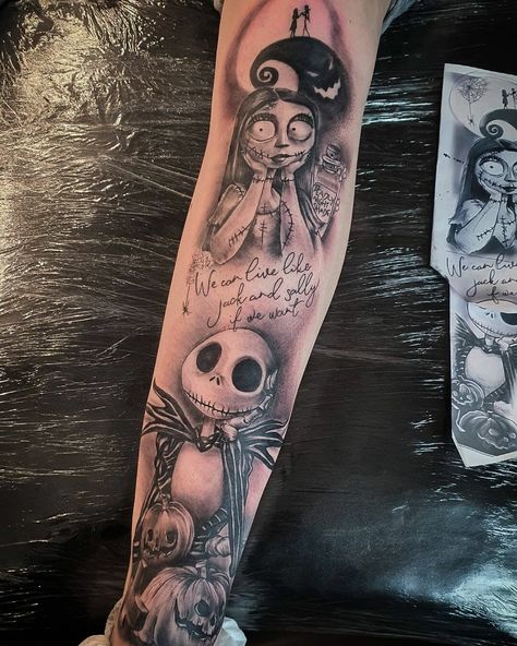 55 Amazing Jack And Sally Tattoo Ideas To Inspire You In 2023! 14 Outsons Jack And Sally Hand Tattoo, Jack And Sally Watercolor Tattoo, Jack And Sally Sleeve Tattoo, Jack N Sally Tattoos, Jack And Sally Tattoo Design, Jack Skellington Tattoo Design, Nightmare Before Christmas Sally Tattoo, Jack Skellington And Sally Tattoo, Jack And Sally Tattoo Ideas