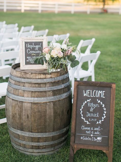 Wine Barrel Wedding Decor, Barrel Wedding Decor, Wedding Signs Rustic, Spring Soiree, Wine Barrel Wedding, Barrel Wedding, Barrel Decor, Wedding Chalkboard Signs, Rustic Winter Wedding