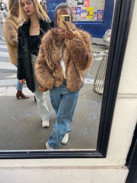 Fur Coat And Jeans Outfit, Tan Fur Coat Outfit, Fur Trim Jacket Outfit, Brown Fluffy Jacket Outfit, Cropped Fur Jacket Outfit, Prada Monolith Boots Outfit, Fur Gilet Outfit, Fur Jacket Outfits, Nyc Outfits Aesthetic