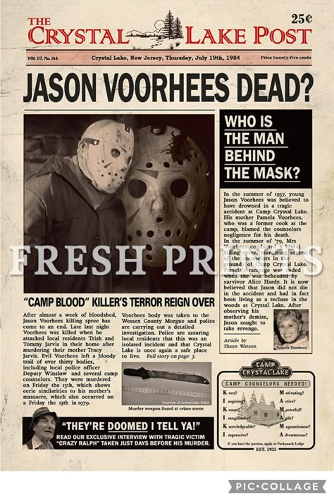 Horror Movie Newspaper, Movie Newspaper, Friday The 13th Jason, Jason Vorhees, Behind The Mask, Newspaper Printing, Horror Movie Art, News Article, News Paper