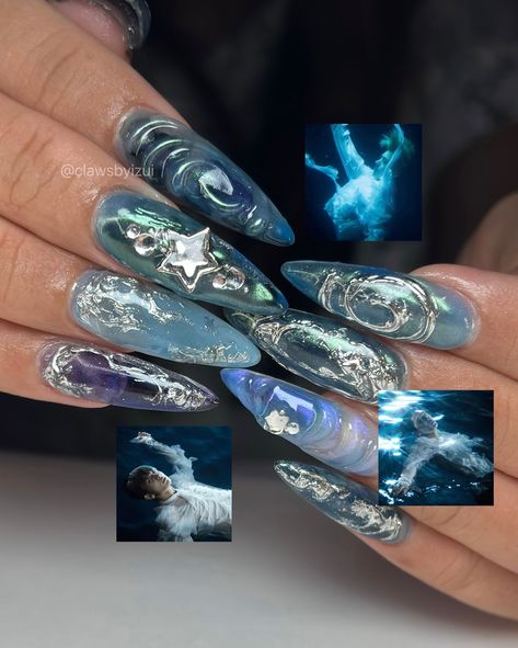 blue hues inspired by ENHYPEN’s Dark Blood album🌊 image references sent in by client~ these were also her graduation nails! ^_^ Yuri On Ice Nails, Portal Nails, Dark Mermaid Nails, Enhypen Inspired Nails, Enhypen Nails Designs, Arcane Nails, Enhypen Nails, Siren Nails, Dark Mermaid