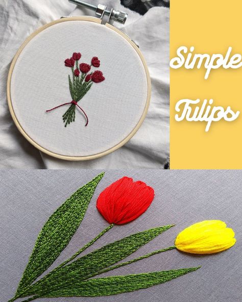 Embroidery Tulip Flower, Tulip Embroidery, Embroidery Lessons, Easy Embroidery, Tulips In Vase, Embroidery Tshirt, Floral Embroidery Patterns, Spring Projects, Color Meanings