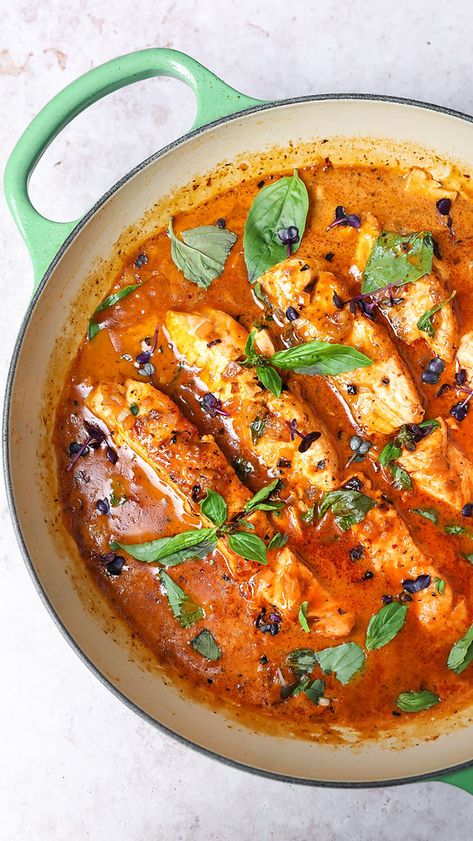 A quick and simple midweek meal, ready in less than 20 minutes. Packed with protein, flavour, textures and colour. Pan-fried salmon in a creamy, Thai red coconut sauce. Serve with basmati rice, Thai basil and naan bread.Total time to make : 20 minutes Time to prep : 5 minutesTime to cook : 15 minutesServings : 4Ingredients4 salmon fillets4 tbsp olive oil2 shallots, finely diced4 tsp ginger, grated or finely diced4 garlic cloves, minced4 tbsp Thai red curry paste1 tin (400ml) coconut milk*1 ... Salmon Coconut, Pan Fried Salmon, Red Salmon, Fried Salmon, Coconut Sauce, Red Curry Paste, Midweek Meals, Thai Basil, Fish Curry