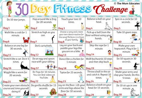 30-day Kids Fitness Challenge - Active kids - The Mum Educates Kids Summer Fitness Challenge, Kid Exercise Activities, Prek Physical Education Activities, Kids Fitness Workouts, Family Fitness Night At School, Summer Physical Activities For Kids, Fun Workouts For Kids, Kids Challenges Activities, Workouts For Kids At Home