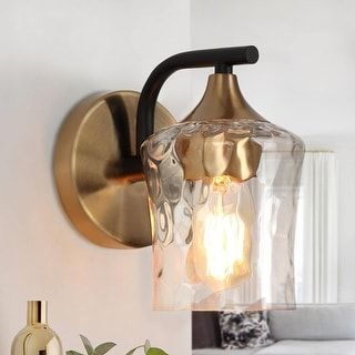 Reuel 1-Light Modern Industrial Black Gold Wall Sconce Metal Bathroom Vanity Lights - L5.5" x W7.5" x H8.5" - On Sale - Bed Bath & Beyond - 36053132 Black And Gold Bathroom, Modern Style Decor, Black Wall Lights, Iron Wall Sconces, Contemporary Wall Sconces, Glass Vanity, Gold Bathroom, Modern Light Fixtures, Gold Walls