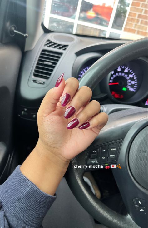 Burgundy With Chrome Nails, Mocha Red Nails, Wine Red Chrome Nails, Cherry Glazed Nails, Dnd Cherry Mocha, Acrylics Almond Shape, Nails Acrylics Almond, Acrylics Almond, Dnd Red