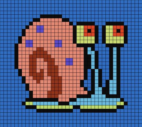 A pixel art template of Gary from SpongeBob SquarePants.

I have tweaked the colours so that they aren't completely exact. Spongebob Crochet Blanket, Spongebob Tapestry Crochet, Spongebob Cross Stitch Pattern, Pixel Art Pattern Spongebob, Cartoon Pixel Art Grid, Spongebob Pixel Art Grid, Pixel Spongebob, Spongebob Alpha Pattern, Spongebob Crochet