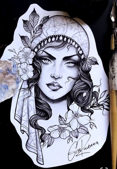 Romani Drawing, Romani Tattoo Design, Witch Lady Tattoo, Romani Women Tattoo, Romani Girl Tattoo, Romani Head Tattoo, Romani Lady Tattoo, Neotraditional Lady Face, Romani Woman Tattoo