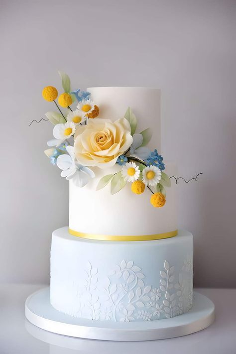 Wedding Cake Dusty Blue, Yellow Wedding Cake, Spring Wedding Cake, Pretty Wedding Cakes, Green Cake, Wedding Cakes Blue, Yellow Wedding, Yellow And Blue, Pastel Blue