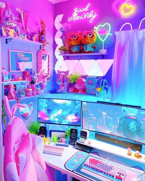 Colorful Pc Setup, Rainbow Gaming Setup, Kidcore Gaming Setup, Rainbow Gaming Room, Maximalist Gaming Setup, Gaming Set Up Aesthetic, Neon Gaming Room, Kawaii Gaming Desk, Neon Gaming Aesthetic