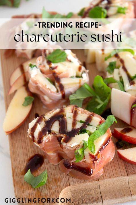 Charcuterie Sushi Prosciutto Sushi Rolls, Prosciutto Sushi Style, Appetizers For Sushi Party, Sushi Appetizers Ideas, Italian Sushi, Sushi Style, Marinated Cheese, Sushi Ingredients, Dessert Sushi