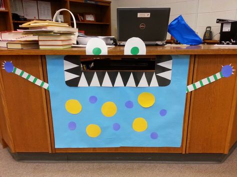 Library Book Drop Ideas, Book Drop Decoration, Monster Book Fair Theme, Halloween Library Decor, Library Book Drop Decoration, Library Book Return Ideas, Book Return Ideas Library, Library Book Return, Welcome Back Teachers