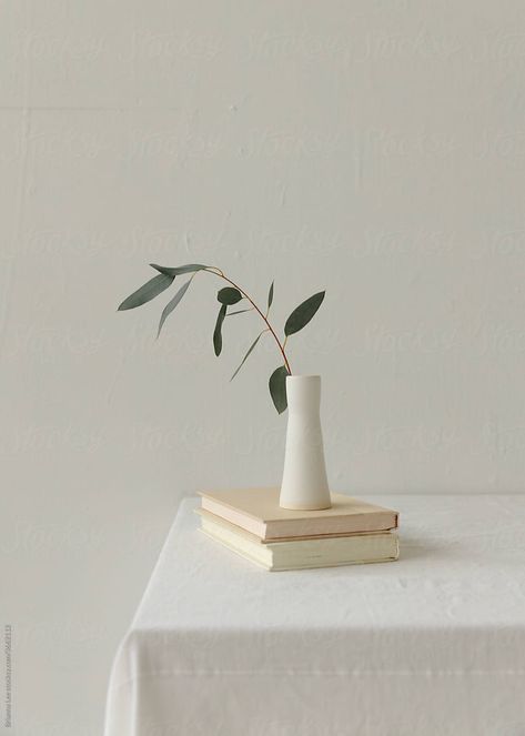 Minimal still life scene of 2 books on a table with white vase and foraged stems. Aesthetic Home Page, Still Life With Books, Office Desk Furniture, Iphone Wallpaper Plants, Plants Minimalist, White Aesthetic Photography, Home Page Design, Wallpaper Plants, Minimal Photo