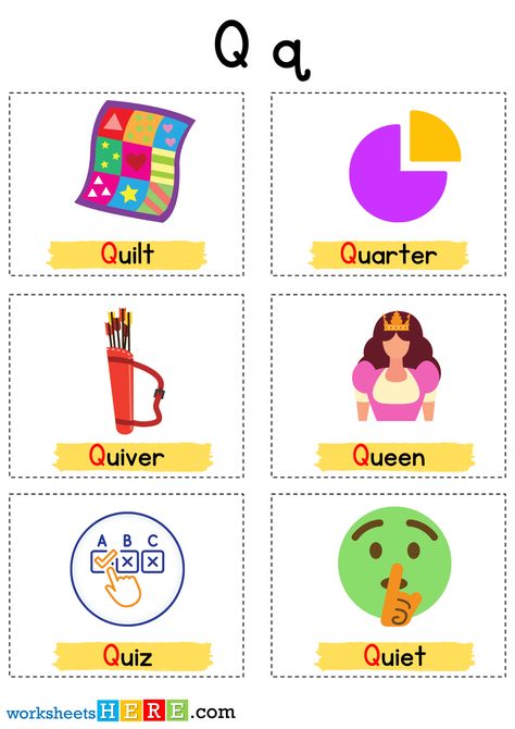 Things That Start With Q Letter with Pictures, Alphabet Q Words Examples - WorksheetsHere.com Letter With Pictures, Q Words, Words With Q, Letter Q Worksheets, Insects Kindergarten, Q Letter, Monkey Mask, Words List, Simple Past Tense