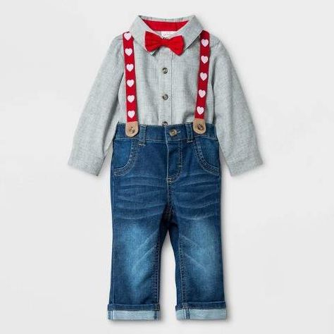 Cat & Jack Baby Boys' Valentine's Day Denim Suspender Set - Cat & JackTM Gray/Blue Baby Suspenders, Suspender Jeans, Denim Suspenders, Collar Bodysuit, Valentines Day Baby, Suspenders Set, Striped Bodysuit, V Day, Valentines For Boys