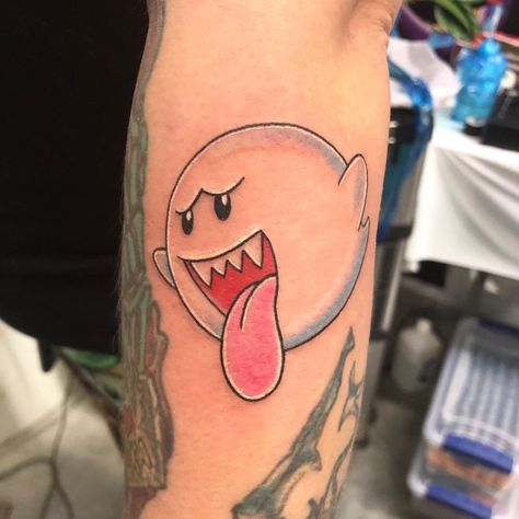 Boo Ghost Tattoo, Mario Ghost Tattoo, Boo From Mario, Mario Ghost, Boo Mario, Super Mario Tattoo, Nintendo Tattoo, Cartoon Tattoo Ideas, Mario Tattoo