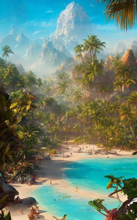 Beach Kingdom Fantasy Art, Fantasy Island Castle, Oasis Fantasy Art, Fantasy Island Concept Art, Tropical City Concept Art, Tropical Concept Art, Tropical City Fantasy Art, Fantasy Tropical City, Fantasy Beach City